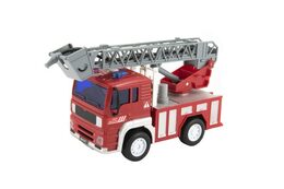 Teddies Auto hasiči stříkací vodu 20cm plast na setrvačník na bat. se zvukem se světlem v krabici 24x16x12cm