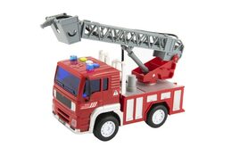 Teddies Auto hasiči stříkací vodu 20cm plast na setrvačník na bat. se zvukem se světlem v krabici 24x16x12cm