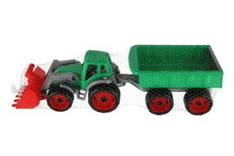 Teddies Traktor/nakladač/bagr s vlekem se lžící plast na volný chod 2 barvy v síťce 16x61x16cm