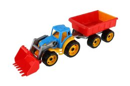 Teddies Traktor/nakladač/bagr s vlekem se lžící plast na volný chod 2 barvy v síťce 16x61x16cm