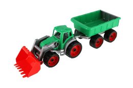 Teddies Traktor/nakladač/bagr s vlekem se lžící plast na volný chod 2 barvy v síťce 16x61x16cm