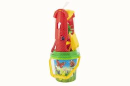 Sada na písek plast kbelík, mlýnek s doplňky 4 druhy v síťce 20x42x19cm 12m+