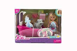 Teddies Panenka kloubová Kiki Anlily plast 12cm s mazlíčkem s vanou v koupelně v krabičce 22x16x9cm