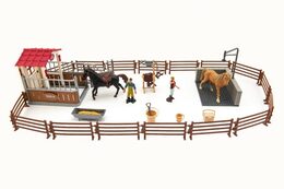 Teddies Výběh/Ohrada pro koně + ošetřovatelé + kůň 2ks plast s příslušenstvím v krabici 39x27x8,5cm