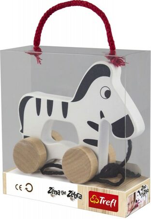 Trefl zebra na provázku a kolečkách dřevěná Wooden Toys v krabici 15x16x6cm 12m+