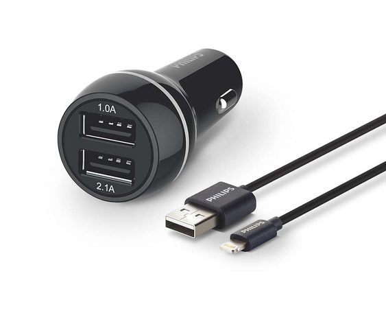 Adaptér do auta Philips DLP2357V, 2x USB, 3,1A + Lightning kabel - černý