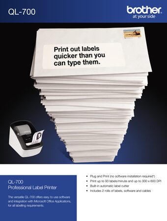 Tiskárna Brother samolepících papírových štítků QL-700, 62mm, DK páska, USB 2.0 - 3 roky záruka po registraci