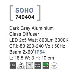 Svítidlo Nova Luce SOHO WALL GREY 2 nástěnné, IP 54, 2x5 W