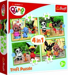Puzzle TREFL Bing: Šťastný den 4v1 12,15,20,24 dílků 28,5x20,5cm v krabici 28x28x6cm
