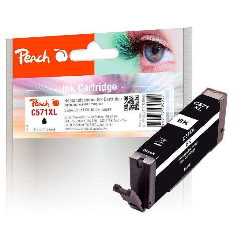 Inkoustová náplň Peach Canon CLI-571XLB, 11ml - černá
