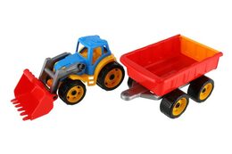 Teddies Traktor/nakladač/bagr s vlekem se lžící plast na volný chod 2 barvy v síťce 16x61x16cm