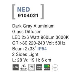 Svítidlo Nova Luce 9104021 NED WALL GREY nástěnné, IP 54, 2x6 W