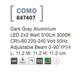 Svítidlo Nova Luce Como 847407 S WALL GREY nástěnné, IP 54, 2x3 W
