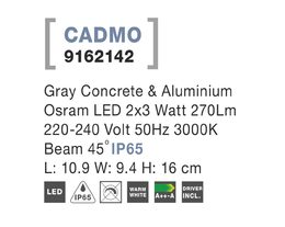 Svítidlo Nova Luce 9162142 CADMO R WALL GREY 2 nástěnné, IP 65, 2x3 W