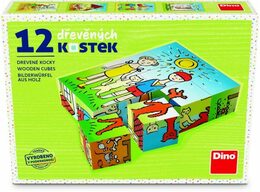 Dino Kostky kubus Pejsek a kočička dřevo 12ks v krabičce 16x12x4cm