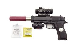 Pistole kov/plast na vodní kuličky + náboje 5-7mm v krabici 33x15x4cm