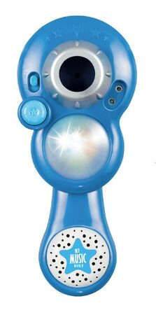 Mikrofon karaoke modrý plast na baterie se světlem v krabici 17x34x7cm