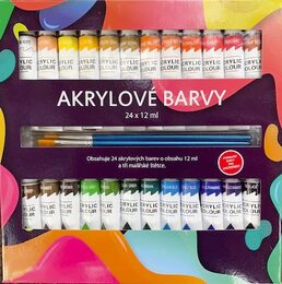 Akrylové barvy 24x12ml se štětcemi 3ks v krabičce 22x22x2cm