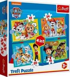 Puzzle TREFL Tlapková patrola: Šťastný tým 4v1 12,15,20,24 dílků v krabici 28x28x6cm