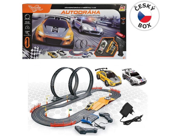 Hračka MaDe Autodráha 560 cm, dvě auta, s EU adaptérem, 136 x 60 x 38 cm