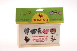 Domino zvířátka pana Müllera společenská hra dřevo 28ks v dřevěné krabičce 16x9x