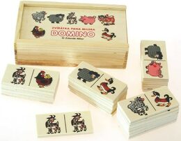 Domino zvířátka pana Müllera společenská hra dřevo 28ks v dřevěné krabičce 16x9x