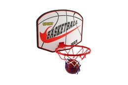 Basketbalový koš dřevo/kov/síťka/míč s pumpičkou v krabici 49x42x4cm