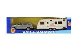 Auto s karavanem kov/plast 29cm na zpětné natažení 2 barvy v krabičce 32x8x6cm