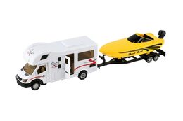 Auto obytné se člunem kov/plast 34cm na zpětné natažení 2 barvy v krabičce 36x10,5x6cm