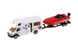 Auto obytné se člunem kov/plast 34cm na zpětné natažení 2 barvy v krabičce 36x10,5x6cm