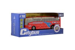 Autobus plast 16cm na baterie se zvukem se světlem na zpětné natažení 4 barvy v krabičce 24ks v boxu