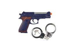 Pistole policejní plast 23cm + pouta na baterie se zvukem se světlem na kartě19x27cm