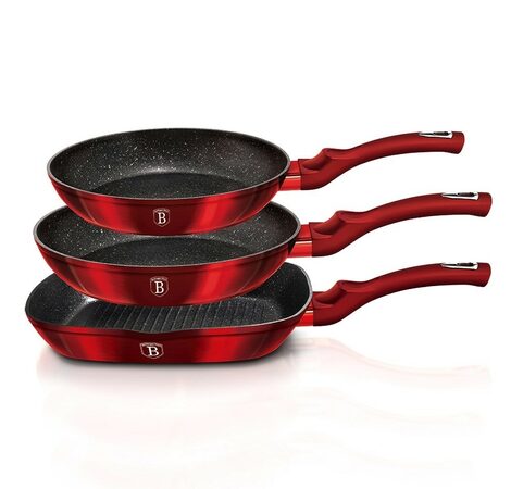BERLINGERHAUS Sada pánví s mramorovým povrchem 3 ks Burgundy Metallic Line gril BH-1289