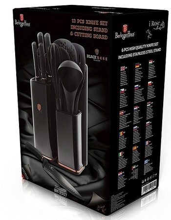 BERLINGERHAUS Sada nožů ve stojanu + kuchyňské náčiní a prkénko sada 13 ks Black Rose Collection BH-2507