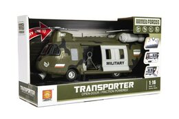 Vrtulník/Helikoptéra vojenská plast 28cm na baterie se světlem se zvukem v krabici 32x19x12cm