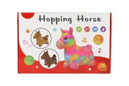 Hopsadlo jednorožec plyš bílý s hvězdičkami výš. sedla 23cm na bat. se zvukem v krab. 35x22cm 12m+