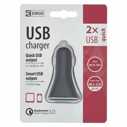 Emos napájecí zdroj USB CL 12/24V QuickCharge3.0, 3A (28.5W), 2x USB, do auta