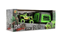 Auto RC s vlekem s dinosaurem plast 28cm na baterie 27mHz se světlem, zvukem v krabici 35x14x11cm