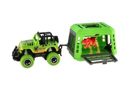 Auto RC s vlekem s dinosaurem plast 28cm na baterie 27mHz se světlem, zvukem v krabici 35x14x11cm