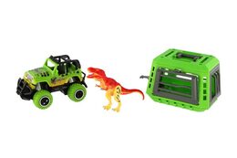 Auto RC s vlekem s dinosaurem plast 28cm na baterie 27mHz se světlem, zvukem v krabici 35x14x11cm