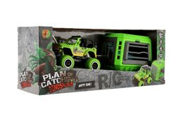 Auto RC s vlekem s dinosaurem plast 28cm na baterie 27mHz se světlem, zvukem v krabici 35x14x11cm