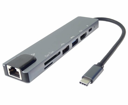 Adaptér USB-C na HDMI + USB3.0 + USB2.0 + PD + SD/TF + RJ45