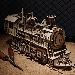 RoboTime 3D dřevěné mechanické puzzle Parní lokomotiva