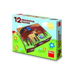 Kostky kubus domácí zvířátka dřevo 12ks v krabičce 21x18x4cm