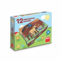 Kostky kubus domácí zvířátka dřevo 12ks v krabičce 21x18x4cm
