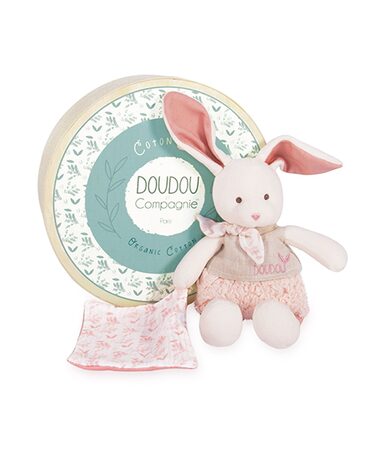 Doudou Dárková sada - Plyšový Ecru králiček s růžovou dečkou z  BIO bavlny 22 cm