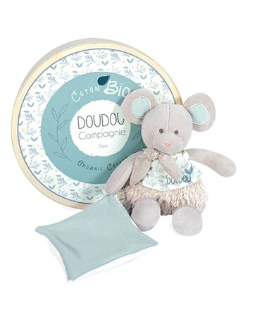 Doudou Dárková sada -  Plyšová myška s dečkou z  BIO bavlny 22 cm