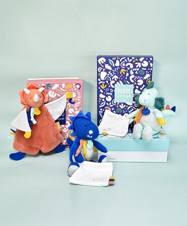 Doudou Dárková sada - Plyšový dinosaurus s dečkou 25 cm modrý