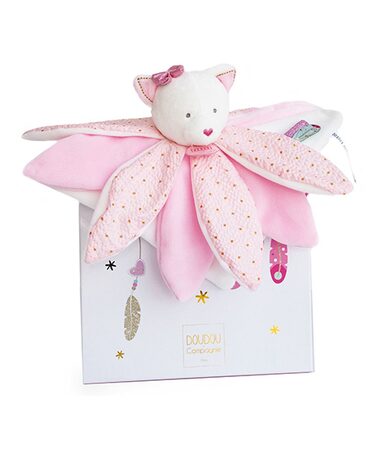 Doudou Dárková sada - plyšový muchláček růžová kočka 26 cm
