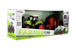 Traktor RC s vlekem na dřevo plast 38cm 27MHz + dobíjecí pack na baterie v krabici 45x18x13cm